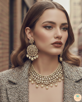 Pearly Antique Gold Necklace Set (Necklace, Earrings, Tikka) - Golden