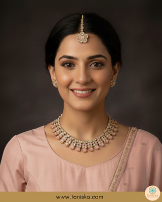 Baby Pink Traditional Necklace Set - Antique Gold