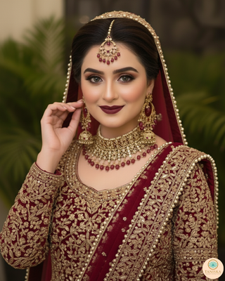 Pearly Antique Gold, Double Choker Necklace Set (Necklace, Earrings, Tikka) - Golden / Maroon