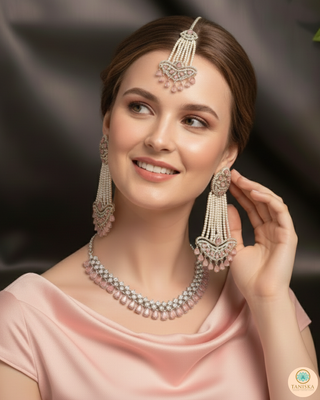 American Diamond Style Necklace Set - Silver/Baby Pink