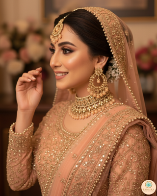Pearly Antique Gold Necklace Set (Necklace, Earrings, Tikka) - Golden / Peach