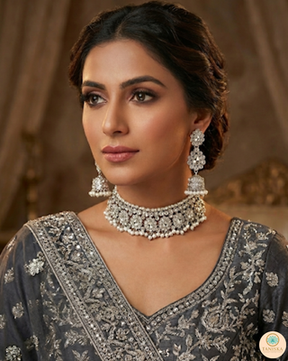 Pearly Antique Silver Necklace Set (Necklace, Earrings, Tikka) - Silver