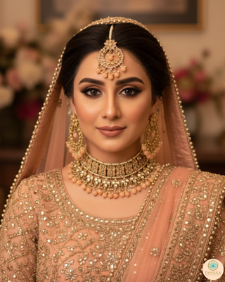 Pearly Antique Gold Necklace Set (Necklace, Earrings, Tikka) - Golden / Peach