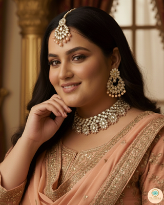 Pearly Antique Gold Necklace Set (Necklace, Earrings, Tikka) - Golden / Peach