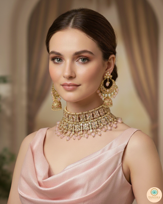 Pearly Antique Gold, Double Choker Necklace Set (Necklace, Earrings, Tikka) - Golden / Baby Pink