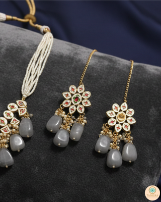 ROYAL Kundan Necklace Set - Charcoal Grey (with Meenakari)
