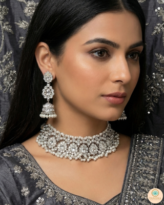 Pearly Antique Silver Necklace Set (Necklace, Earrings, Tikka) - Silver