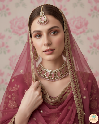 Pearly Antique Gold Necklace Set (Necklace, Earrings, Tikka) - Golden / Pink