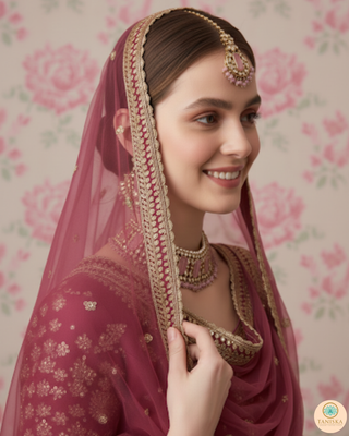 Pearly Antique Gold Necklace Set (Necklace, Earrings, Tikka) - Golden / Pink