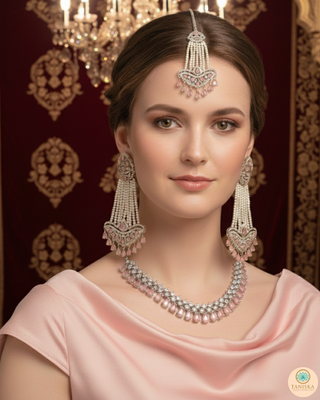 American Diamond Style Necklace Set - Silver/Baby Pink