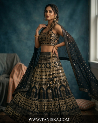 Midnight Gold Sequin & Mirror Work Lehenga