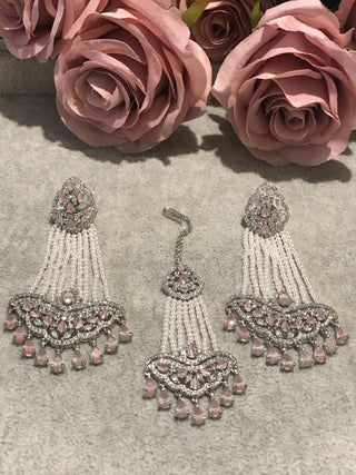 American Diamond Style Earring & Tikka Set - Baby Pink