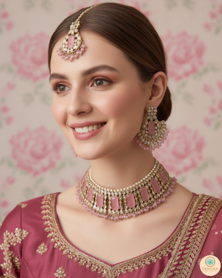 Pearly Antique Gold Necklace Set (Necklace, Earrings, Tikka) - Golden / Pink