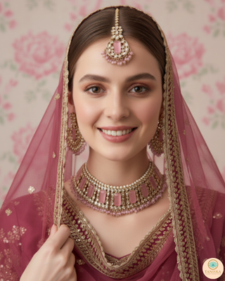 Pearly Antique Gold Necklace Set (Necklace, Earrings, Tikka) - Golden / Pink