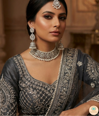 Pearly Antique Silver Necklace Set (Necklace, Earrings, Tikka) - Silver
