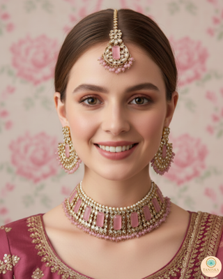 Pearly Antique Gold Necklace Set (Necklace, Earrings, Tikka) - Golden / Pink
