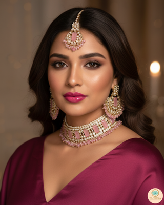 Pearly Antique Gold Necklace Set (Necklace, Earrings, Tikka) - Golden / Pink