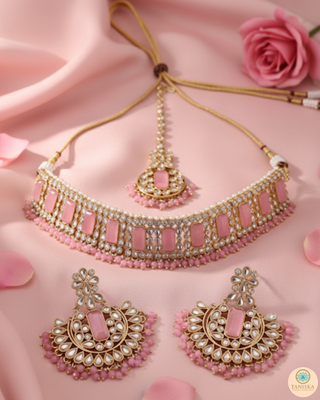 Pearly Antique Gold Necklace Set (Necklace, Earrings, Tikka) - Golden / Pink
