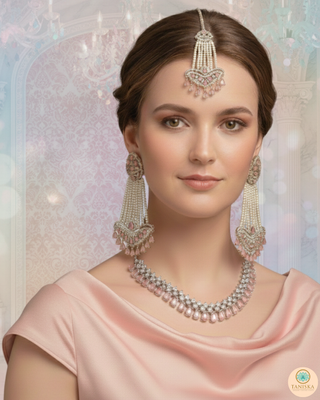 American Diamond Style Necklace Set - Silver/Baby Pink