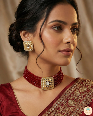 GLASS Choker Necklace Set - Maroon