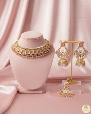 Pearly Antique Gold Necklace Set (Necklace, Earrings, Tikka) - Golden / Pink