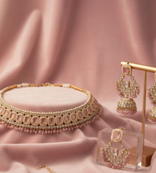 Pearly Antique Gold Necklace Set (Necklace, Earrings, Tikka) - Golden / Pink