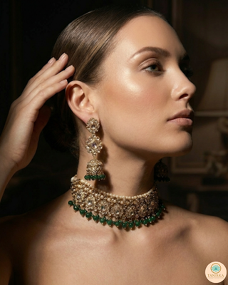Pearly Antique Gold Necklace Set (Necklace, Earrings, Tikka) - Golden / Emerald Green