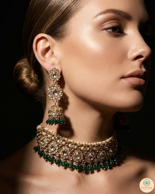 Pearly Antique Gold Necklace Set (Necklace, Earrings, Tikka) - Golden / Emerald Green