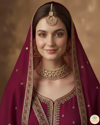 Pearly Antique Gold Necklace Set (Necklace, Earrings, Tikka) - Golden / Pink