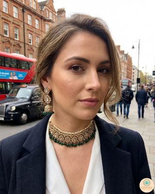 Pearly Antique Gold Necklace Set (Necklace, Earrings, Tikka) - Golden / Emerald Green