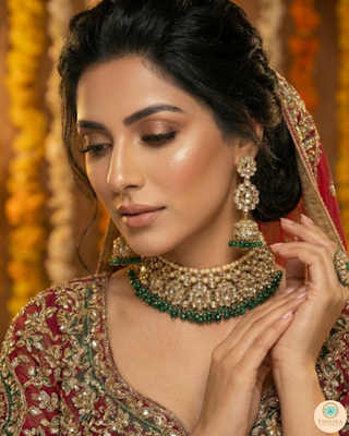 Pearly Antique Gold Necklace Set (Necklace, Earrings, Tikka) - Golden / Emerald Green