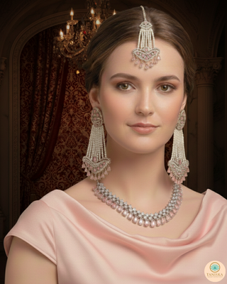 American Diamond Style Necklace Set - Silver/Baby Pink