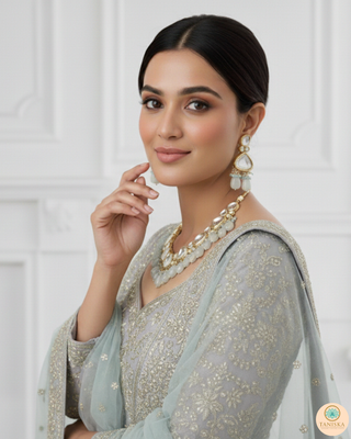 ROYAL Kundan Necklace Set - Greyish Blue (with Meenakari)