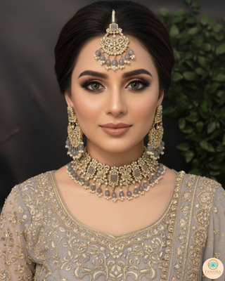 Pearly Antique Gold Necklace Set (Necklace, Earrings, Tikka) - Gold / Grey