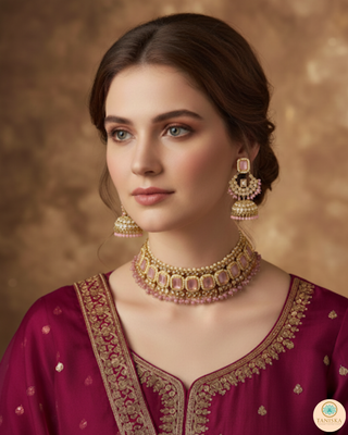Pearly Antique Gold Necklace Set (Necklace, Earrings, Tikka) - Golden / Pink
