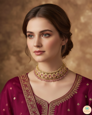 Pearly Antique Gold Necklace Set (Necklace, Earrings, Tikka) - Golden / Pink