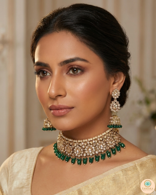 Pearly Antique Gold Necklace Set (Necklace, Earrings, Tikka) - Golden / Emerald Green