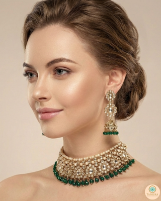 Pearly Antique Gold Necklace Set (Necklace, Earrings, Tikka) - Golden / Emerald Green