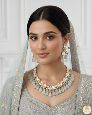 ROYAL Kundan Necklace Set - Greyish Blue (with Meenakari)