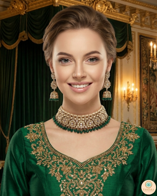 Pearly Antique Gold Necklace Set (Necklace, Earrings, Tikka) - Golden / Emerald Green