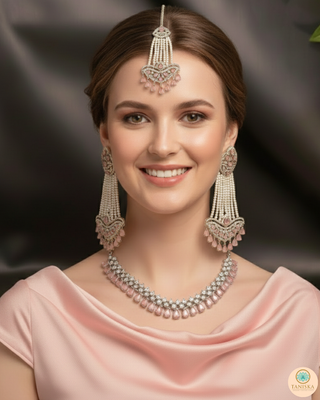 American Diamond Style Necklace Set - Silver/Baby Pink