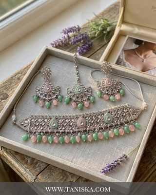 Pastel Mint & Rose Quartz Silver Choker Set