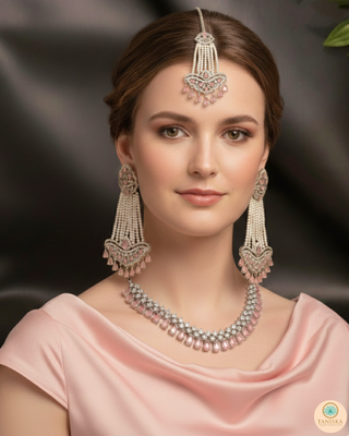 American Diamond Style Necklace Set - Silver/Baby Pink