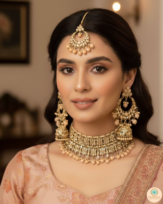 Pearly Antique Gold, Double Choker Necklace Set (Necklace, Earrings, Tikka) - Golden / Peach