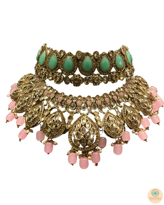MISHKA Double Choker Necklace Set - Baby Pink/Mint Combo