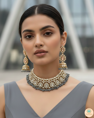 Slate Grey Floral Choker Necklace Set