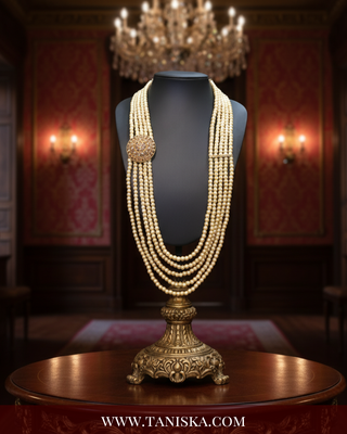 The Dynasty Circle | Grand Seven-Tier Pearl Mala | Antique Gold 5 Layered Pearl Mens / Groom Mala