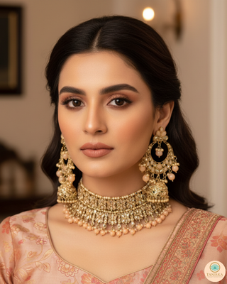 Pearly Antique Gold, Double Choker Necklace Set (Necklace, Earrings, Tikka) - Golden / Peach