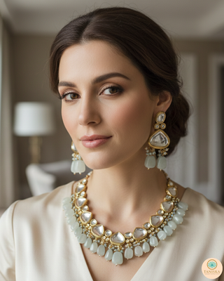 ROYAL Kundan Necklace Set - Greyish Blue (with Meenakari)