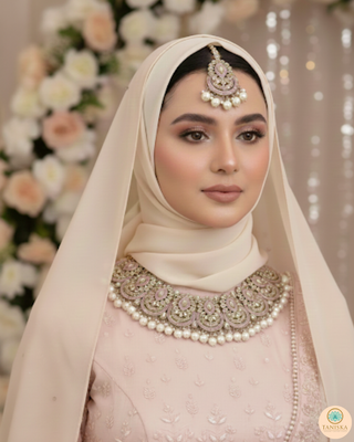 Pearly Antique Gold Necklace Set (Necklace, Earrings, Tikka) - Golden / Baby Pink